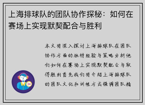 上海排球队的团队协作探秘：如何在赛场上实现默契配合与胜利