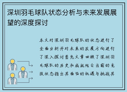 深圳羽毛球队状态分析与未来发展展望的深度探讨