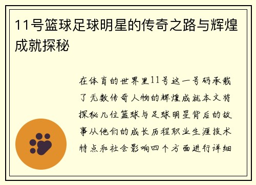 11号篮球足球明星的传奇之路与辉煌成就探秘